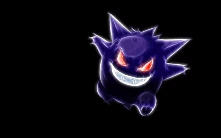 HD desktop wallpaper featuring Gengar, a ghost Pokémon, with glowing red eyes and a mischievous smile. The image exudes an anime-style aesthetic against a dark background.
