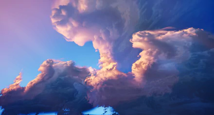 HD desktop wallpaper featuring a dramatic nature scene with towering clouds illuminated in shades of orange and blue at dusk.