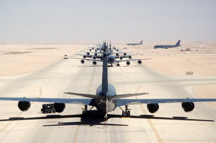  KC-135R Stratotanker aircraft sit parked along the flight line during Operation Desert Shield by US Air Force