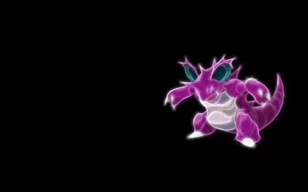 HD PC desktop wallpaper featuring Nidoking from the Pokémon anime, glowing with vibrant purple and blue hues against a black background.