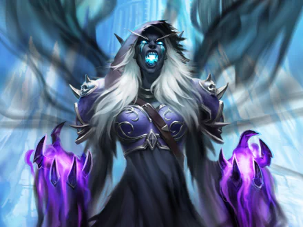 Hearthstone: Heroes of Warcraft 5K UHD desktop wallpaper — spectral lich woman with glowing blue eyes and purple energy-clawed hands against an icy blue background.