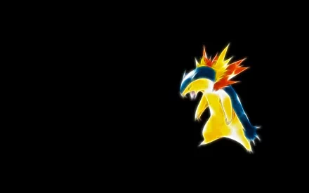 Stylized glowing Typhlosion fire Pokémon in anime style on a black field — HD PC desktop wallpaper and background
