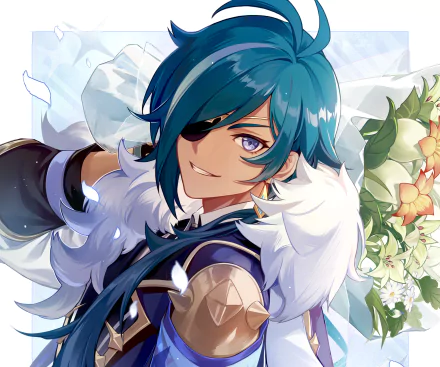 HD PC desktop wallpaper featuring Kaeya from the video game Genshin Impact, showcasing his distinctive blue hair, eyepatch, and confident smile with floral accents.