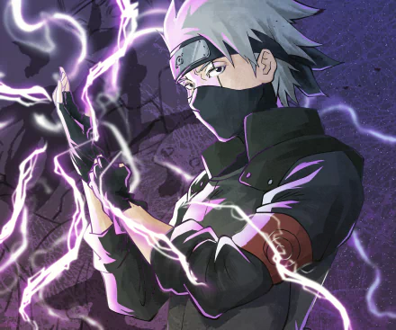 HD anime desktop wallpaper featuring Kakashi Hatake from Naruto, depicted with intense purple lightning energy surrounding his hands in a dynamic pose.