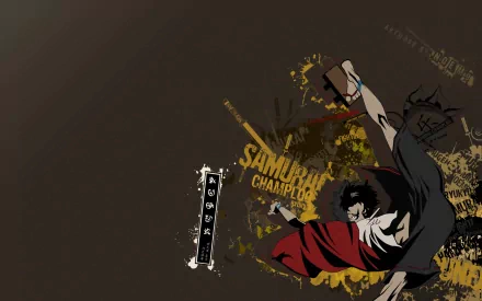 Anime Samurai Champloo HD desktop wallpaper: dynamic samurai in mid-kick, red coat and wild hair over a grungy brown background with paint-splash accents and the series logo.