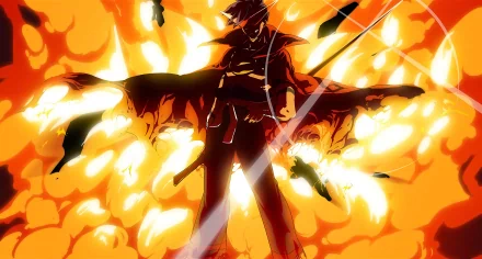 HD anime desktop wallpaper featuring a bold silhouette from Tengen Toppa Gurren Lagann, set against a vibrant, fiery orange background.