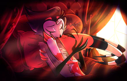 HD desktop wallpaper featuring Stolas and Blitzo from the TV show Helluva Boss in a close embrace with dramatic red and orange lighting.