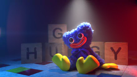 HD PC desktop wallpaper featuring Huggy Wuggy from the video game Poppy Playtime, illuminated by a spotlight with wooden blocks spelling HUGGY in the background.
