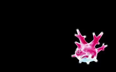 HD PC desktop wallpaper depicting Corsola (Water Pokémon) in anime style — a glowing pink coral-like sprite on a stark black background.