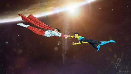 4K Ultra HD wallpaper featuring Omni-Man and Invincible in mid-air combat from the TV show Invincible, set against a glowing cosmic background.