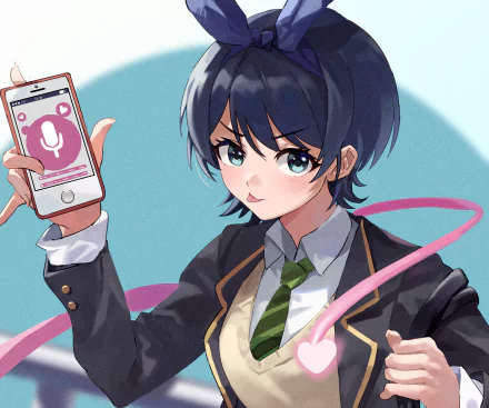HD PC desktop wallpaper featuring Ruka Sarashina from the anime Rent-A-Girlfriend, showing her holding a smartphone with a confident expression.