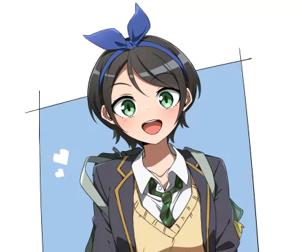 Ruka Sarashina from Rent-A-Girlfriend — anime HD PC desktop wallpaper: smiling green-eyed girl with short dark hair, blue headband, school uniform and backpack against a pale blue square.