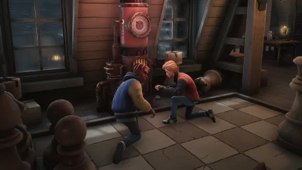 HD desktop wallpaper featuring characters from Propnight inside a dimly lit wooden cabin.