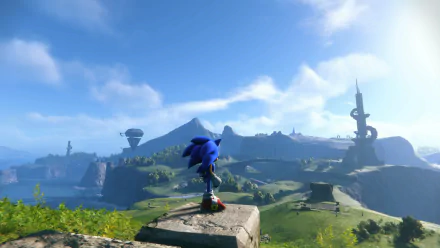 Sonic the Hedgehog stands overlooking a vast, detailed landscape from the Sonic Frontiers video game, rendered in stunning 4K Ultra HD for PC desktop wallpaper.