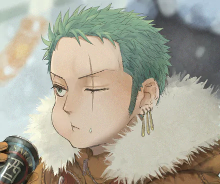 HD PC desktop wallpaper of Roronoa Zoro from One Piece: Two Years Later, featuring the anime character with green hair and earrings in a detailed close-up.