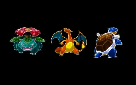 HD desktop wallpaper featuring three iconic Pokémon: Venusaur, Charizard, and Blastoise, set against a black background. This vibrant anime artwork highlights the distinct characteristics of each Pokémon.
