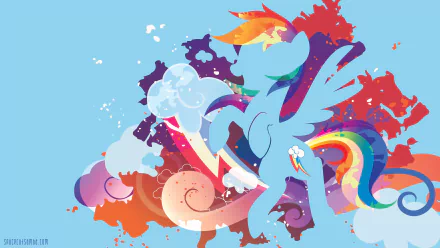 A minimalist HD desktop wallpaper featuring Rainbow Dash from the TV show My Little Pony: Friendship Is Magic, set against a vibrant, splashy background.