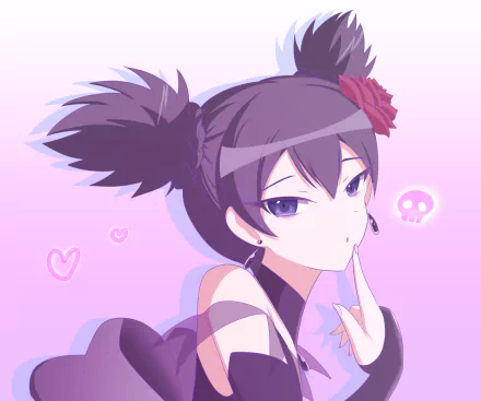 HD PC desktop wallpaper featuring Kuromi from the anime Onegai My Melody, depicted with purple tones, hearts, and a small skull icon on a soft gradient background.