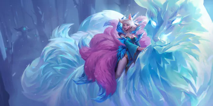 HD PC desktop wallpaper featuring Ahri from League of Legends in her vibrant outfit, set against a mystical icy blue background from Legends of Runeterra.