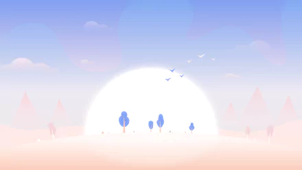 Minimalist artistic landscape featuring a large glowing sun, blue trees, and birds against a soft pastel sky, rendered in 4K Ultra HD for PC desktop wallpaper.