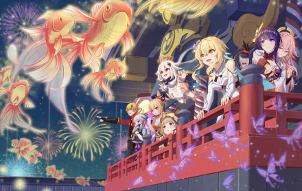 8K Ultra HD PC wallpaper featuring Yoimiya, Yae Miko Guuji, Thoma, Sayu, Baal Raiden Shogun, Paimon, Lumine, Kujou Sara, and Kamisato Ayaka from Genshin Impact celebrating with fireworks.