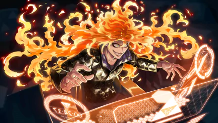 Video game character Idia Shroud from Twisted Wonderland crouches over a glowing holographic keyboard, fiery hair streaming behind him — HD PC desktop wallpaper/background.