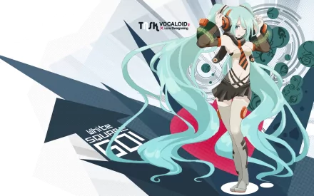 HD anime desktop wallpaper featuring Hatsune Miku from Vocaloid with dynamic turquoise twin-tails and futuristic graphic elements.