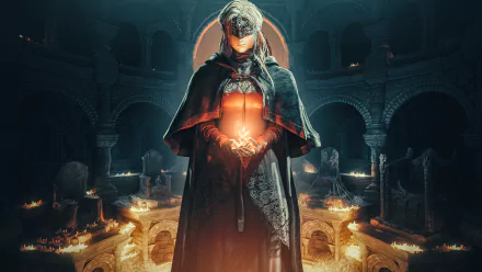 Dark Souls III 5K Ultra HD PC desktop wallpaper: hooded Fire Keeper in a dark cloak cradles a glowing ember in a candlelit gothic hall, warm light contrasting cold stone.