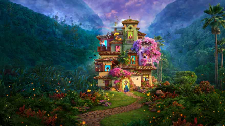 4K Ultra HD PC desktop wallpaper of the magical house from the movie Encanto, nestled in a lush mountain valley at dusk with glowing windows and blooming pink trees.
