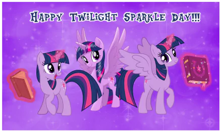 HD PC wallpaper of Twilight Sparkle from the TV show My Little Pony: Friendship Is Magic. Three poses on a purple sparkly background with floating books and Happy Twilight Sparkle Day!!! banner.