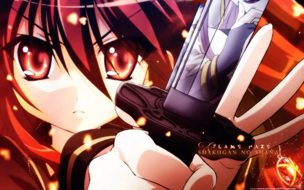 HD anime desktop wallpaper featuring Shana from Shakugan No Shana, showcasing her intense red eyes and a sword against a fiery background.