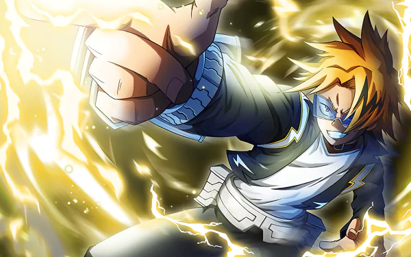 Denki Kaminari (My Hero Academia) unleashing crackling yellow electricity in a dynamic action pose — vibrant 4K Ultra HD PC desktop wallpaper and background.