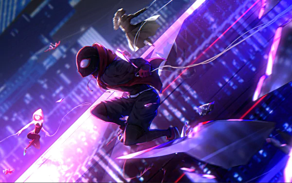 HD desktop wallpaper featuring Spider-Man, Spider-Man Noir, Spider-Gwen, and Miles Morales from the movie Spider-Man: Into The Spider-Verse in a vibrant cityscape.