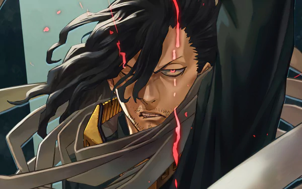 Shota Aizawa from My Hero Academia in a dynamic 4K Ultra HD anime desktop wallpaper, featuring intense expression and detailed shading.