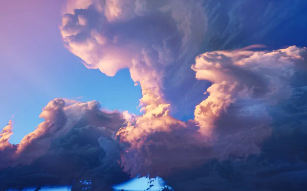 HD desktop wallpaper featuring a dramatic nature scene with towering clouds illuminated in shades of orange and blue at dusk.