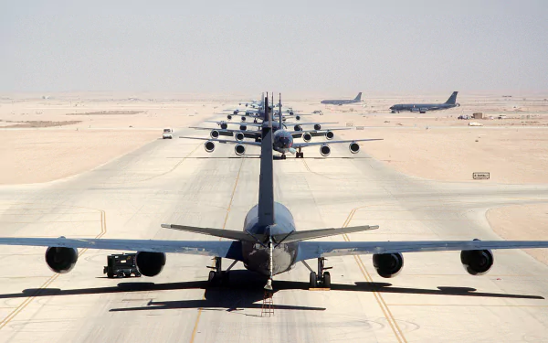  KC-135R Stratotanker aircraft sit parked along the flight line during Operation Desert Shield by US Air Force
