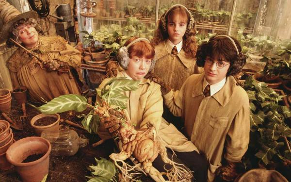 Miriam Margolyes Pomona Sprout Emma Watson Rupert Grint Daniel Radcliffe Hermione Granger Ron Weasley Harry Potter movie Harry Potter and the Chamber of Secrets HD Desktop Wallpaper | Background Image