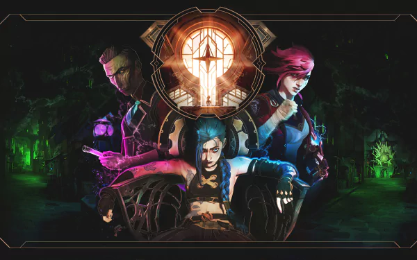 HD desktop wallpaper featuring Silco, Jinx, and VI from the TV show Arcane and the game League of Legends. The characters are depicted against a dark, vibrant background.