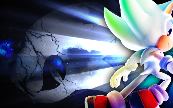 HD PC desktop wallpaper featuring Silver the Hedgehog from the video game Sonic Colors: Ultimate with cosmic light effects and a cracked wall background.