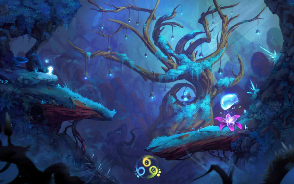 HD PC desktop wallpaper from the video game Ori and the Will of the Wisps, featuring a glowing forest scene with ethereal blue and purple hues and mystical creatures.