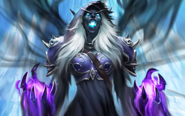 Hearthstone: Heroes of Warcraft 5K UHD desktop wallpaper — spectral lich woman with glowing blue eyes and purple energy-clawed hands against an icy blue background.