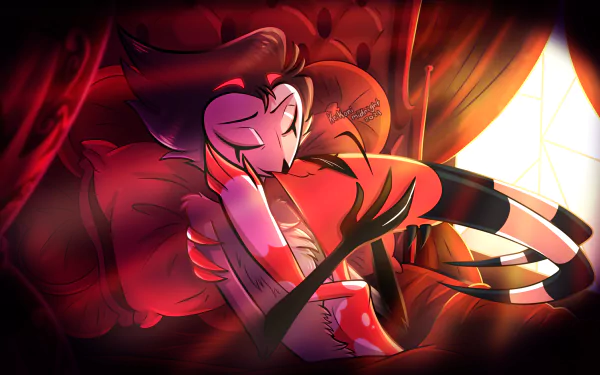 HD desktop wallpaper featuring Stolas and Blitzo from the TV show Helluva Boss in a close embrace with dramatic red and orange lighting.