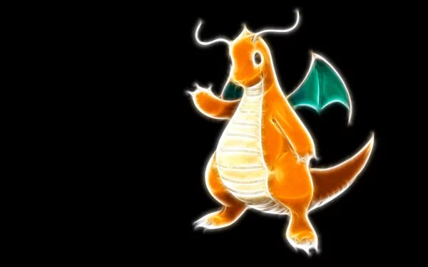 Dragonite from Pokémon stands proudly against a black background in this HD anime wallpaper, showcasing its vibrant orange body and distinctive green wings.