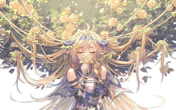 4K Ultra HD PC wallpaper featuring Saileach from the video game Arknights, surrounded by golden flowers and glowing strands in a serene, detailed fantasy scene.