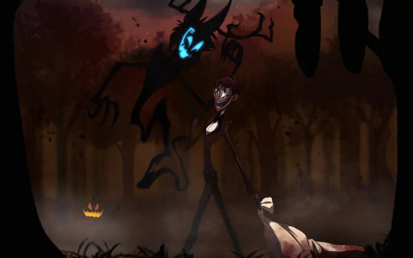 HD PC desktop wallpaper featuring Alastor from the TV show Hazbin Hotel in a dark, eerie forest setting with haunting shadows and a glowing jack-o'-lantern.