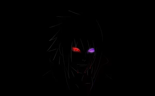 Sasuke Uchiha from Naruto in a dark anime style, featuring intense red and purple eyes, rendered as a 4K Ultra HD PC desktop wallpaper and background.