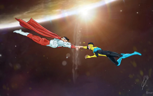 4K Ultra HD wallpaper featuring Omni-Man and Invincible in mid-air combat from the TV show Invincible, set against a glowing cosmic background.
