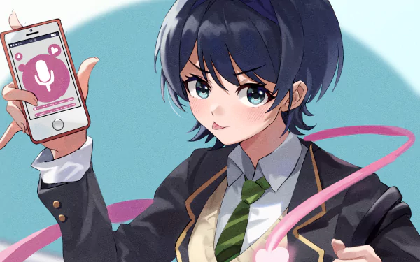 HD PC desktop wallpaper featuring Ruka Sarashina from the anime Rent-A-Girlfriend, showing her holding a smartphone with a confident expression.