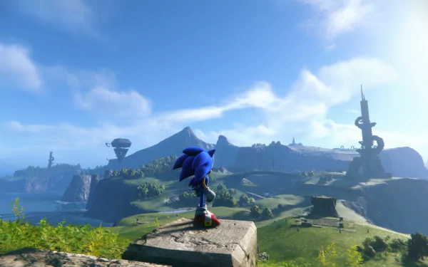 Sonic the Hedgehog stands overlooking a vast, detailed landscape from the Sonic Frontiers video game, rendered in stunning 4K Ultra HD for PC desktop wallpaper.