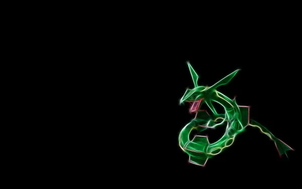 A striking HD wallpaper featuring Rayquaza, the legendary Pokémon, set against a dark background. The vibrant green design captures its fierce and majestic presence from the anime series.